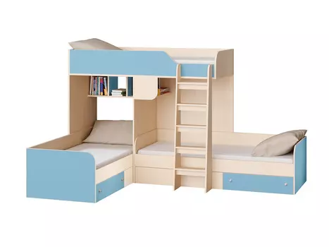 Кровать двухъярусная трио дуб молочный/голубой (рв-мебель) голубой 281.5x194.2x169 см.