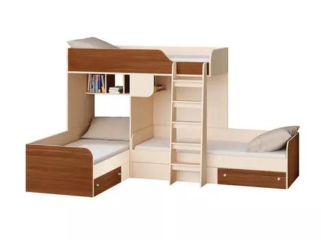 Кровать двухъярусная трио дуб молочный/орех (рв-мебель) коричневый 281.5x194.2x169 см.