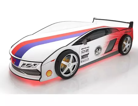 Кровать-машина карлсон ламба с объемными колесами, с подсветкой дна и фар (magic cars) белый 85x50x184 см.