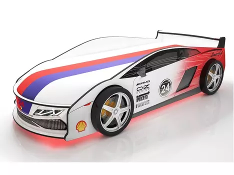 Кровать-машина карлсон ламба с объемными колесами, с подсветкой дна и фар, с чехлом (magic cars) белый 85x50x184 см.