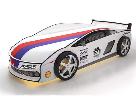 Кровать-машина карлсон ламба с объемными колесами, с подсветкой дна и фар (magic cars) белый 85x50x184 см.