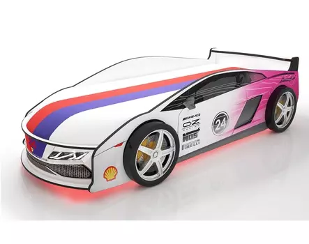 Кровать-машина карлсон ламба с объемными колесами, с подсветкой дна и фар, с чехлом (magic cars) розовый 85x50x184 см.