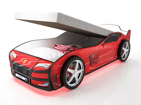 Кровать-машина карлсон турбо с подъемным механизмом, объемными колесами, подсветкой дна и фар (magic cars) красный 85x48x178 см.