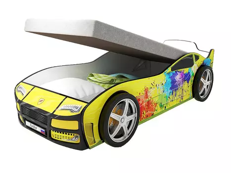 Кровать-машина карлсон турбо с подъемным механизмом, объемными колесами (magic cars) желтый 85x48x178 см.