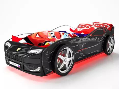 Кровать-машина карлсон турбо (с объемными колесами, с подсветкой дна и фар) (magic cars) черный 85x48x178 см.