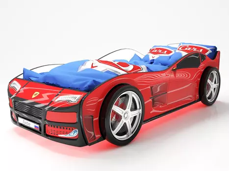 Кровать-машина карлсон турбо (с объемными колесами, с подсветкой дна и фар) (magic cars) красный 85x48x178 см.