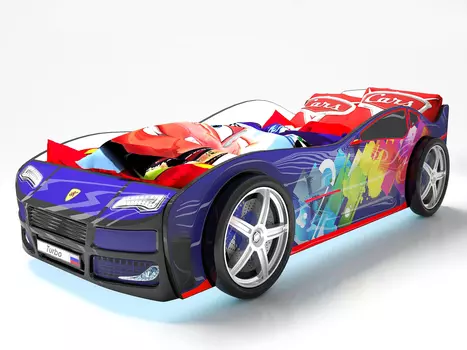 Кровать-машина карлсон турбо (с объемными колесами, с подсветкой дна и фар) (magic cars) синий 85x48x178 см.