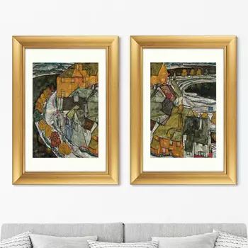 Набор из 2-х репродукций картин в раме crescent of houses ii (island town) , 1915г. (картины в квартиру) коричневый 50x70 см.