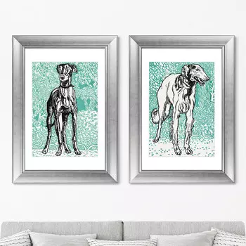 Набор из 2-х репродукций картин в раме greyhounds , 1912г. (картины в квартиру) бирюзовый 50x70 см.