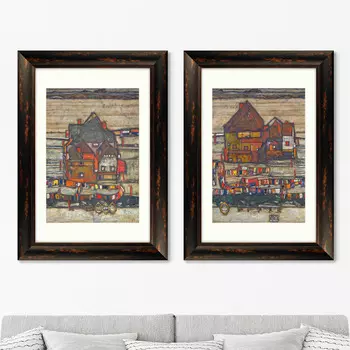 Набор из 2-х репродукций картин в раме houses with laundry (suburb ii) , 1914г. (картины в квартиру) коричневый 50x70 см.