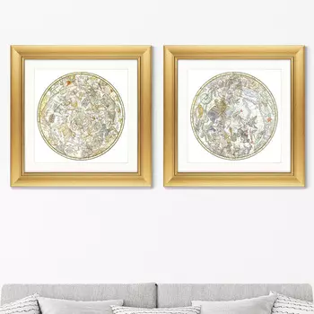 Набор из 2-х репродукций картин в раме sterrenkaart van de noordelijke sterrenhemel , 1750г. (картины в квартиру) бежевый 60x60 см.