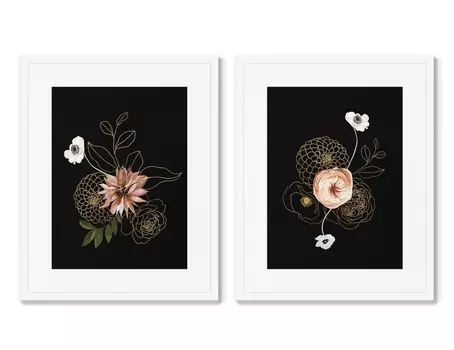 Набор из 2-х репродукций картин в раме golden flowers, no2 (картины в квартиру) черный 42x52 см.
