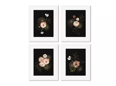 Набор из 4-х репродукций картин в раме golden flowers (картины в квартиру) черный 42x52 см.