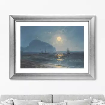 Репродукция картины в раме лунная ночь , 1899г. (картины в квартиру) голубой 80x60 см.