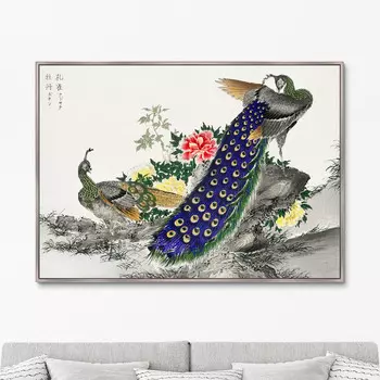 Репродукция картины на холсте peacock and peony , 1885г. (картины в квартиру) серый 105x75 см.