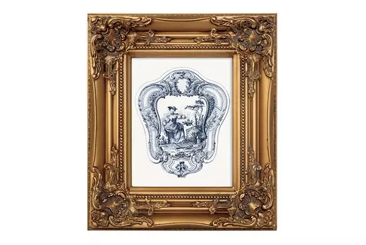 Репродукция на холсте «туаль де жуи», сюжет 1, антик блю, в картинной раме «шелли» (object desire) золотой 34x39x4 см.