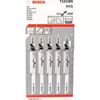 Набор пилок для лобзика по дереву Bosch T101BR 100мм 5шт (014)