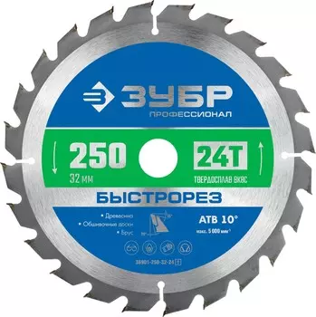 ЗУБР Быстрорез, 250 x 32 мм, 24Т, пильный диск по дереву, Профессионал (36901-250-32-24)