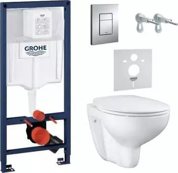 Готовый набор для унитаза Grohe Bau Ceramic: система инсталляции Solido 5 в 1, подвесной унитаз Bau Ceramic, сиденье с микролифтом, панель смыва Skate Cosmopolitan, шумоизоляция 39586000