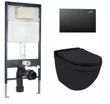 Инсталляция Jaquar Cistern, клавиша хром, с унитазом Jaquar Solo JAQUAR-WC-SET-05, сиденье микролифт, черный матовый