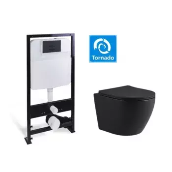 Инсталляция SantiLine с безободковым унитазом SantiLine, сиденье микролифт, клавиша черная матовая, черный матовый, SL-5025MB+SL-03