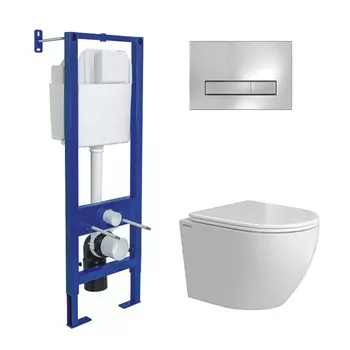 Комплект BERGES: инсталляция АТОМ Line кнопка хром глянец, унитаз OKUS Rimless 49 см, сиденье дюропласт микролифт, быстросъём