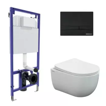 Комплект Berges: инсталляция Berges Novum 525 043344, с унитазом Ventas Rimless белым, сиденье дюропласт с микролифтом быстросъемное Ventas Slim SO белое, клавиша F5 Soft Touch черная