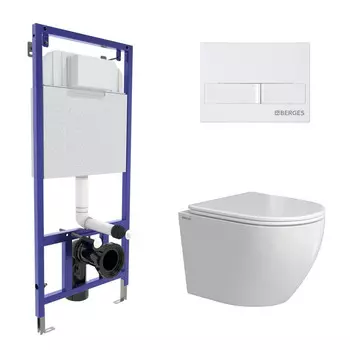 Комплект BERGES: инсталляция NOVUM кнопка L1 белая, унитаз OKUS Rimless 49 см, сиденье дюропласт микролифт, быстросъём