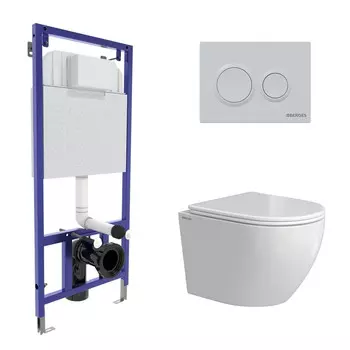 Комплект BERGES: инсталляция NOVUM кнопка O1 белая, унитаз OKUS Rimless 49 см, сиденье дюропласт микролифт, быстросъём