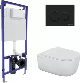 Комплект Berges Wasserhaus 043303 инсталляция Novum + унитаз Ego XL Rimless + кнопка O5 черная