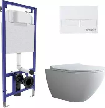 Комплект инсталляция с подвесным унитазом Berges Wasserhaus Novum 043265 с сиденьем микролифт и белой клавишей смыва