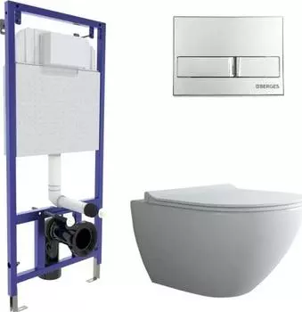 Комплект инсталляция с подвесным унитазом Berges Wasserhaus Novum 043245 с сиденьем микролифт и клавишей смыва хром глянец