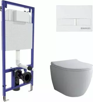 Комплект инсталляция с подвесным унитазом Berges Wasserhaus Novum 043263 с сиденьем микролифт и белой клавишей смыва
