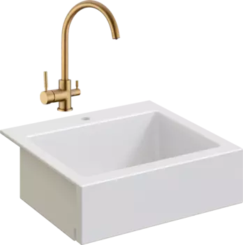 Комплект Мойка кухонная Domaci Сиена 50166-101 с 1 отверстием, белый глянец + Смеситель Равенна DCB 3007 золото