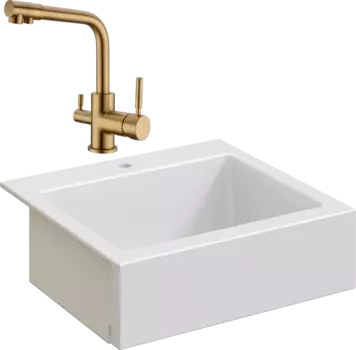 Комплект Мойка кухонная Domaci Сиена 50166-101 с 1 отверстием, белый глянец + Смеситель Равенна DCB 3003 золото