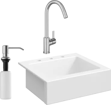 Комплект Мойка кухонная Domaci Сиена 50166-101 с 3 отверстиями, белый глянец + Смеситель Ливорно + Дозатор Равенна 401 сатин