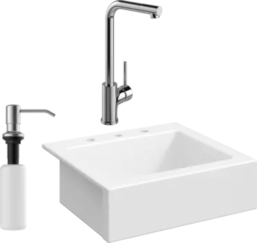 Комплект Мойка кухонная Domaci Сиена 50166-101 с 3 отверстиями, белый глянец + Смеситель Ливорно + Дозатор Равенна 401 сатин