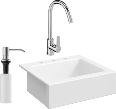 Комплект Мойка кухонная Domaci Сиена 50166-101 с 3 отверстиями, белый глянец + Смеситель Ливорно + Дозатор Равенна 401 сатин