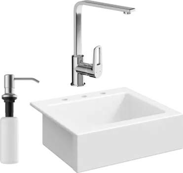 Комплект Мойка кухонная Domaci Сиена 50166-101 с 3 отверстиями, белый глянец + Смеситель STWORKI + Дозатор Равенна 401 сатин