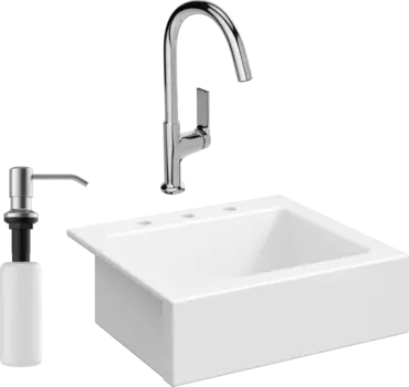 Комплект Мойка кухонная Domaci Сиена 50166-101 с 3 отверстиями, белый глянец + Смеситель STWORKI + Дозатор Равенна 401 сатин