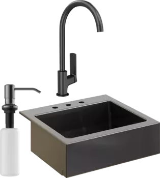 Комплект Мойка кухонная Domaci Сиена 50166-110 с 3 отверстиями, черная матовая + Смеситель STWORKI HWX5015-P01BK + Дозатор Равенна 401 черный