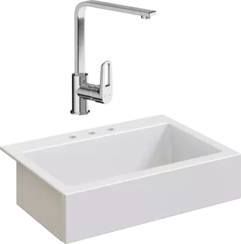 Комплект Мойка кухонная Domaci Сиена 50186-101 с 3 отверстиями, белый глянец + Смеситель STWORKI