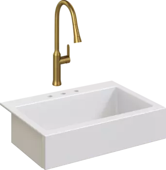 Комплект Мойка кухонная Domaci Сиена 50186-101 с 3 отверстиями, белый глянец + Смеситель Ливорно WFD04162 матовое золото