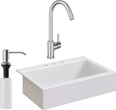 Комплект Мойка кухонная Domaci Сиена 50186-101 с 3 отверстиями, белый глянец + Смеситель Ливорно + Дозатор Равенна 401 сатин