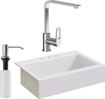 Комплект Мойка кухонная Domaci Сиена 50186-101 с 3 отверстиями, белый глянец + Смеситель STWORKI + Дозатор Равенна 401 сатин