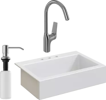 Комплект Мойка кухонная Domaci Сиена 50186-101 с 3 отверстиями, белый глянец + Смеситель STWORKI + Дозатор Равенна 401 сатин