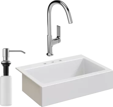 Комплект Мойка кухонная Domaci Сиена 50186-101 с 3 отверстиями, белый глянец + Смеситель STWORKI + Дозатор Равенна 401 сатин