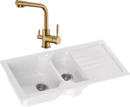 Комплект Мойка кухонная Domaci Сиена 54100-101 белый глянец + Смеситель Равенна DCB 3003 золото
