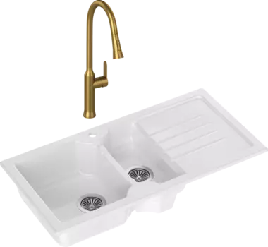 Комплект Мойка кухонная Domaci Сиена 54100-101 белый глянец + Смеситель Ливорно WFD04162 матовое золото