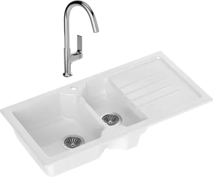 Комплект Мойка кухонная Domaci Сиена 54100-101 белый глянец + Смеситель STWORKI